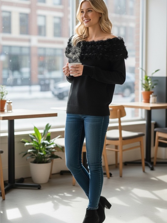 Cabo Sweaters - Off-the-Shoulder Black Sweater with Textured Yoke